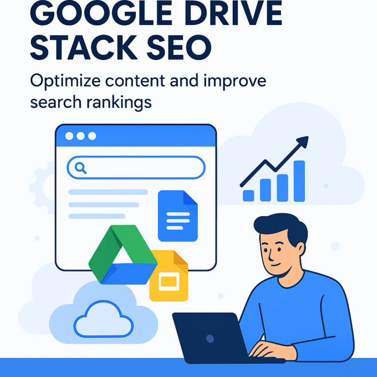Google Drive Stack SEO concept with laptop, Drive icons, and growth chart.