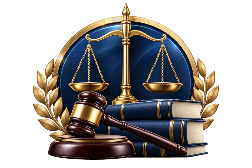 Law firm web design services icon with scales of justice and gavel